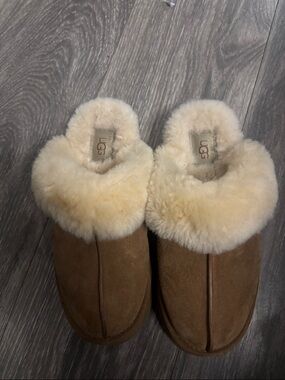 UGG Chestnut Suede Slip-On Clog Slippers with Cream Shearling